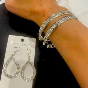 Silver plated Bangle bracelets and tear drop bling earrings